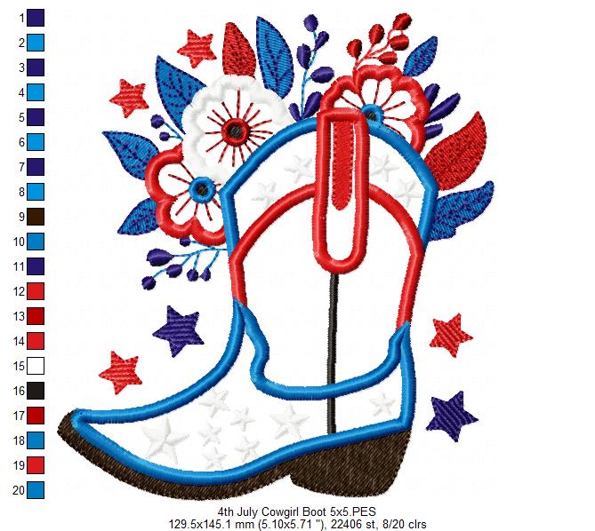 4th of July Cowboy Boot - Applique - Machine Embroidery Design