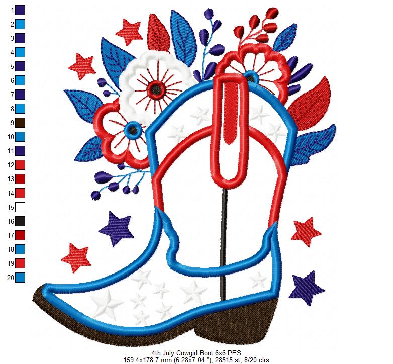 4th of July Cowboy Boot - Applique - Machine Embroidery Design