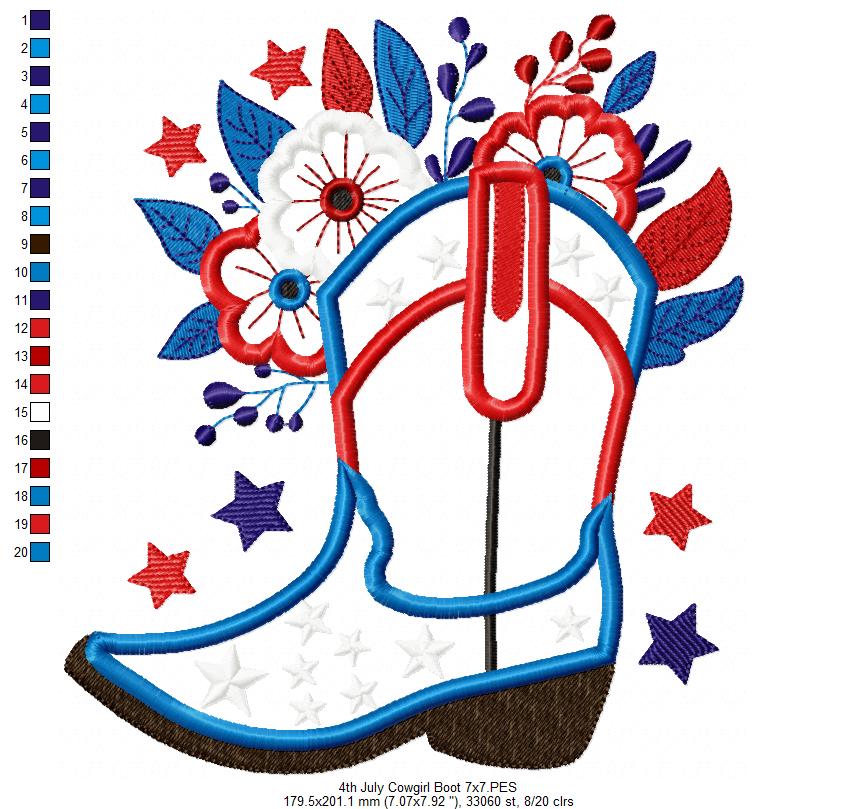 4th of July Cowboy Boot - Applique - Machine Embroidery Design