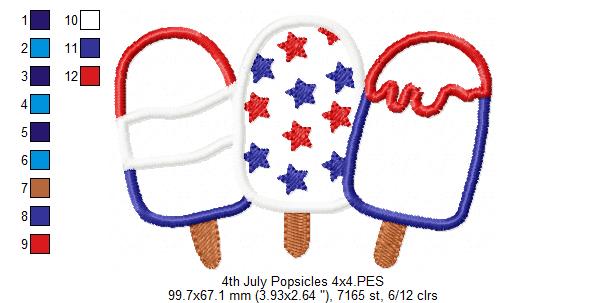 Summer 4th of July Popsicles - Applique - Machine Embroidery Design