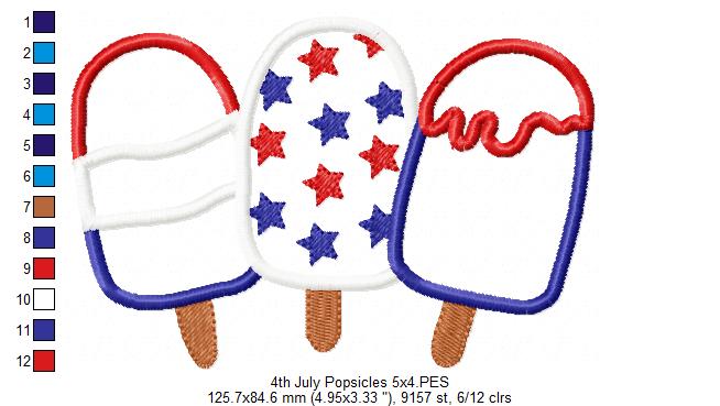 Summer 4th of July Popsicles - Applique - Machine Embroidery Design