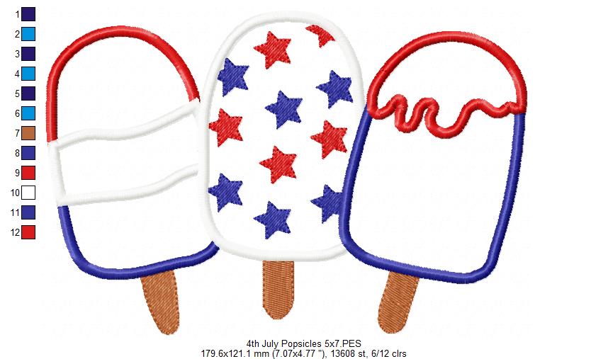 Summer 4th of July Popsicles - Applique - Machine Embroidery Design