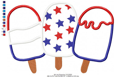 Summer 4th of July Popsicles - Applique - Machine Embroidery Design