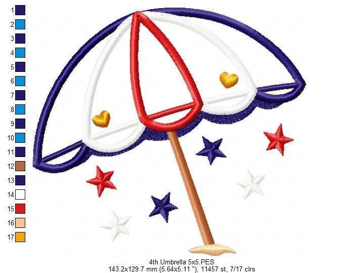 4th of July Summer Beach Umbrella - Applique - Machine Embroidery Design