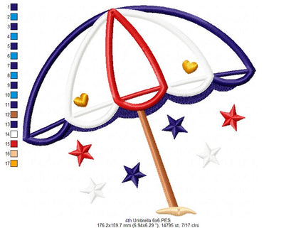 4th of July Summer Beach Umbrella - Applique - Machine Embroidery Design