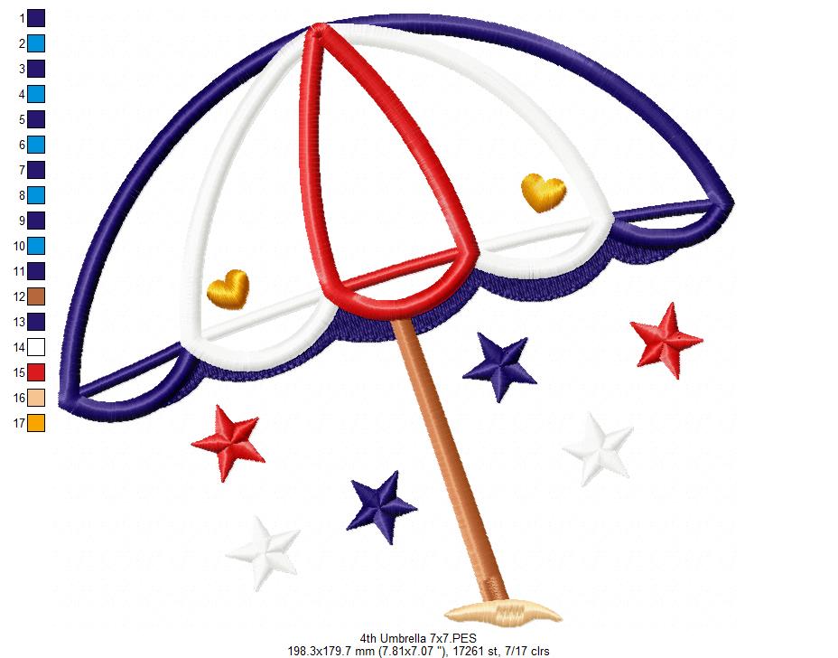 4th of July Summer Beach Umbrella - Applique - Machine Embroidery Design