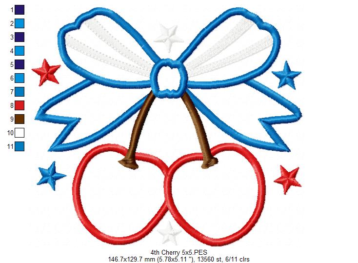 4th of July Coquette Cherry Bow - Applique - Machine Embroidery Design