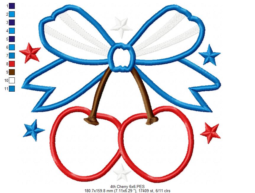 4th of July Coquette Cherry Bow - Applique - Machine Embroidery Design