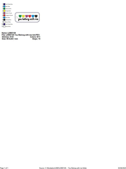 You Belong With Me Hearts Tag - ITH Project - Machine Embroidery Design