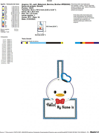 Donald Keychain/Bag Tag - ITH Project - Machine Embroidery Design