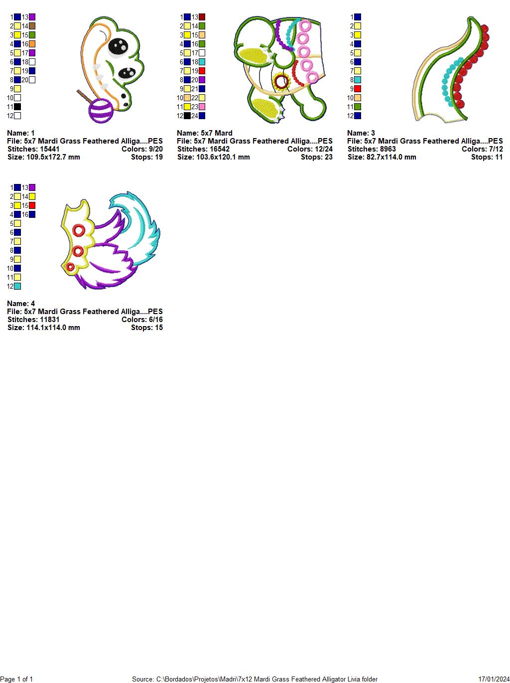 Mardi Grass Feathered Alligator - ITH Project - Machine Embroidery Design