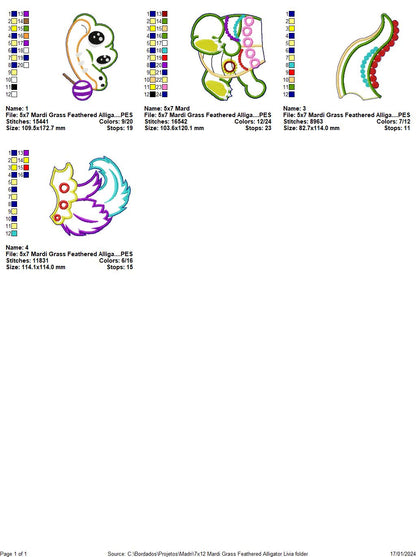 Mardi Grass Feathered Alligator - ITH Project - Machine Embroidery Design