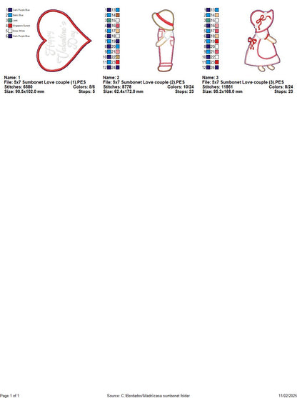 Valentine Sunbonnet Couple - ITH Project - Machine Embroidery Design