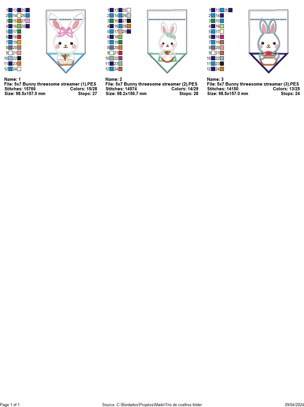 Bunny threesome streamer - ITH Project - Machine Embroidery Design