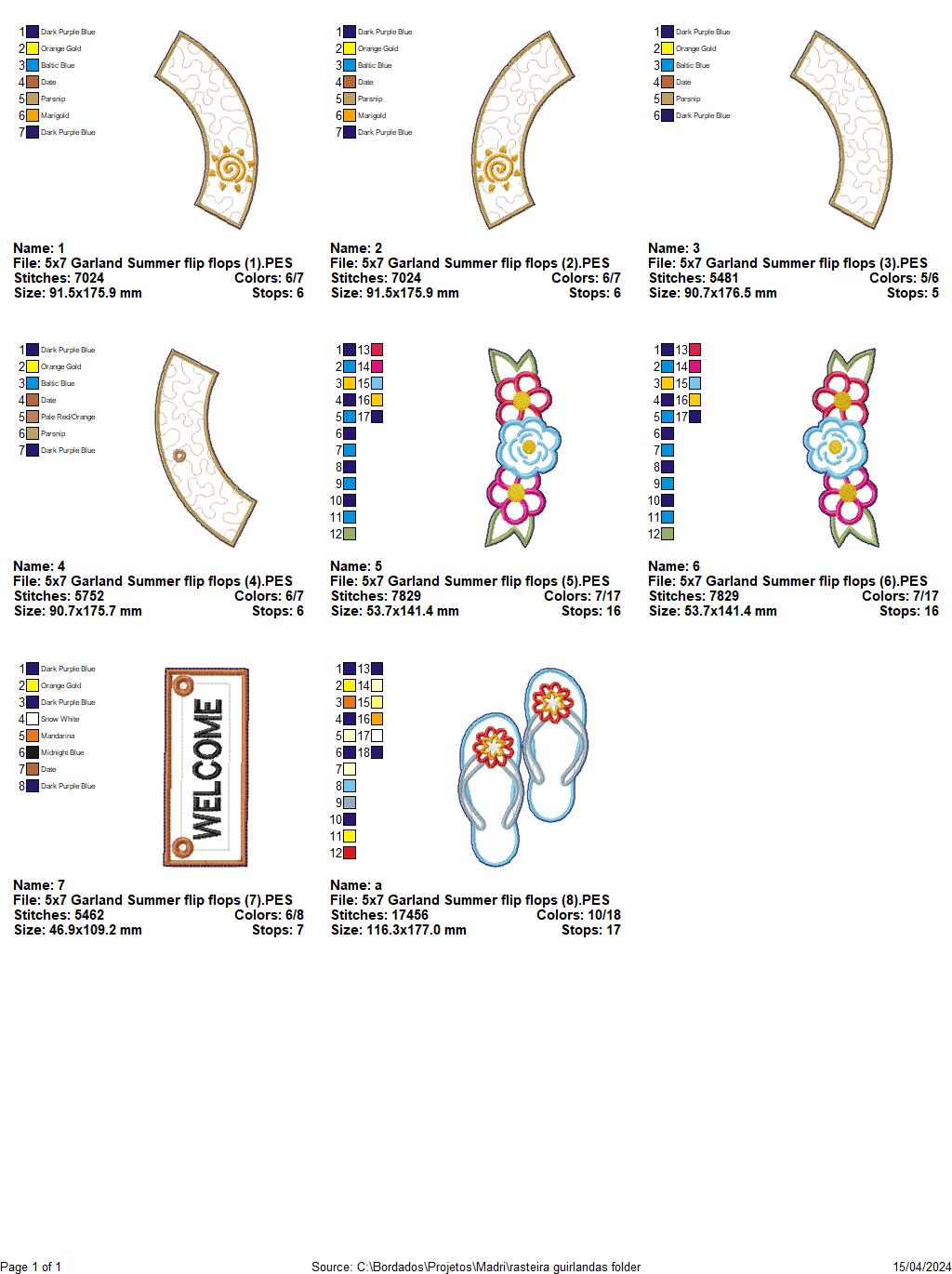 Garland Summer flip flops Summer Door Ornament - ITH Project - Machine Embroidery Design