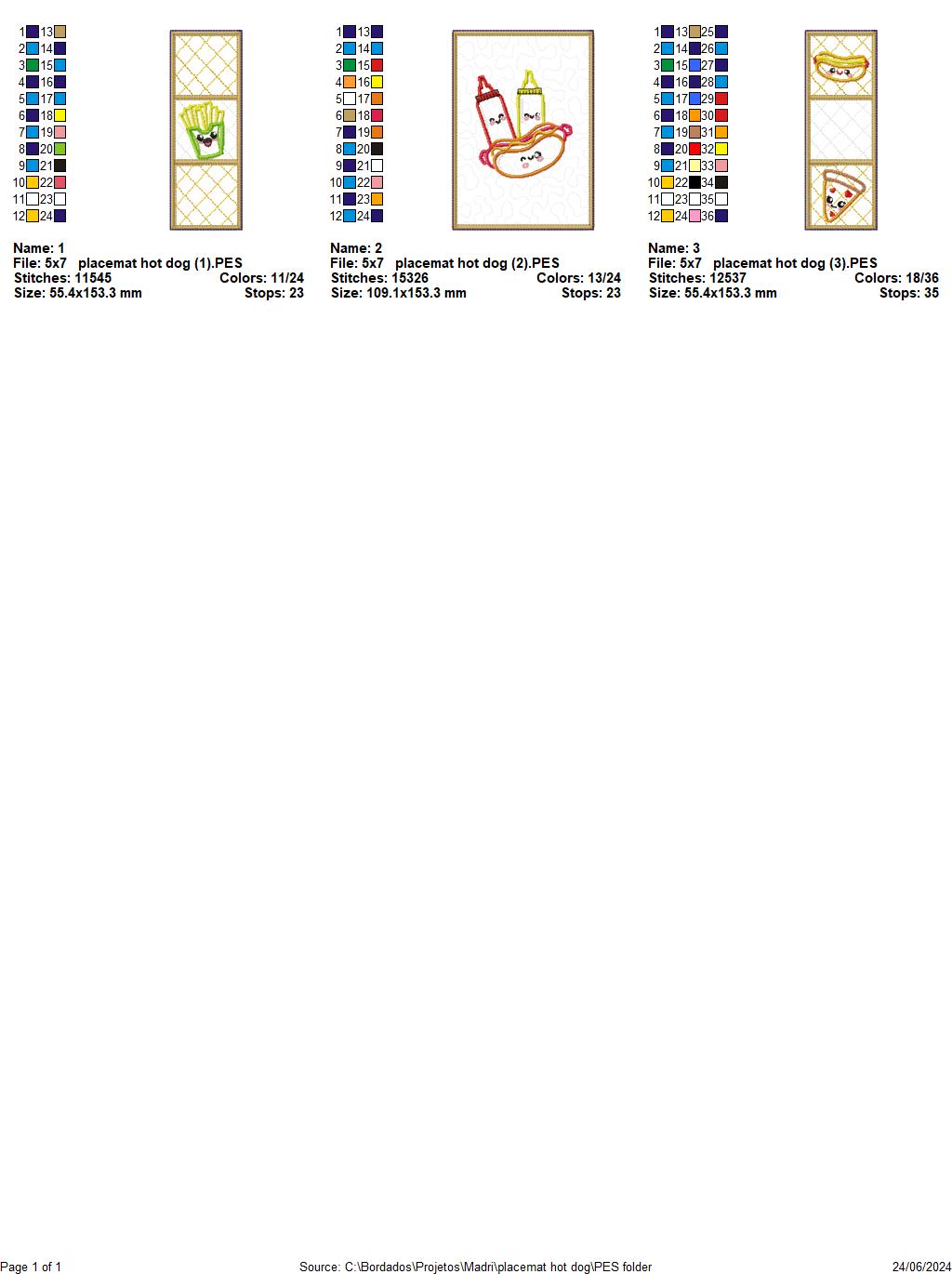 Placemat hot dog - ITH Project - Machine Embroidery Design