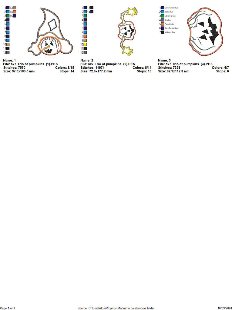 Trio of Pumpkins  - ITH Project - Machine Embroidery Design