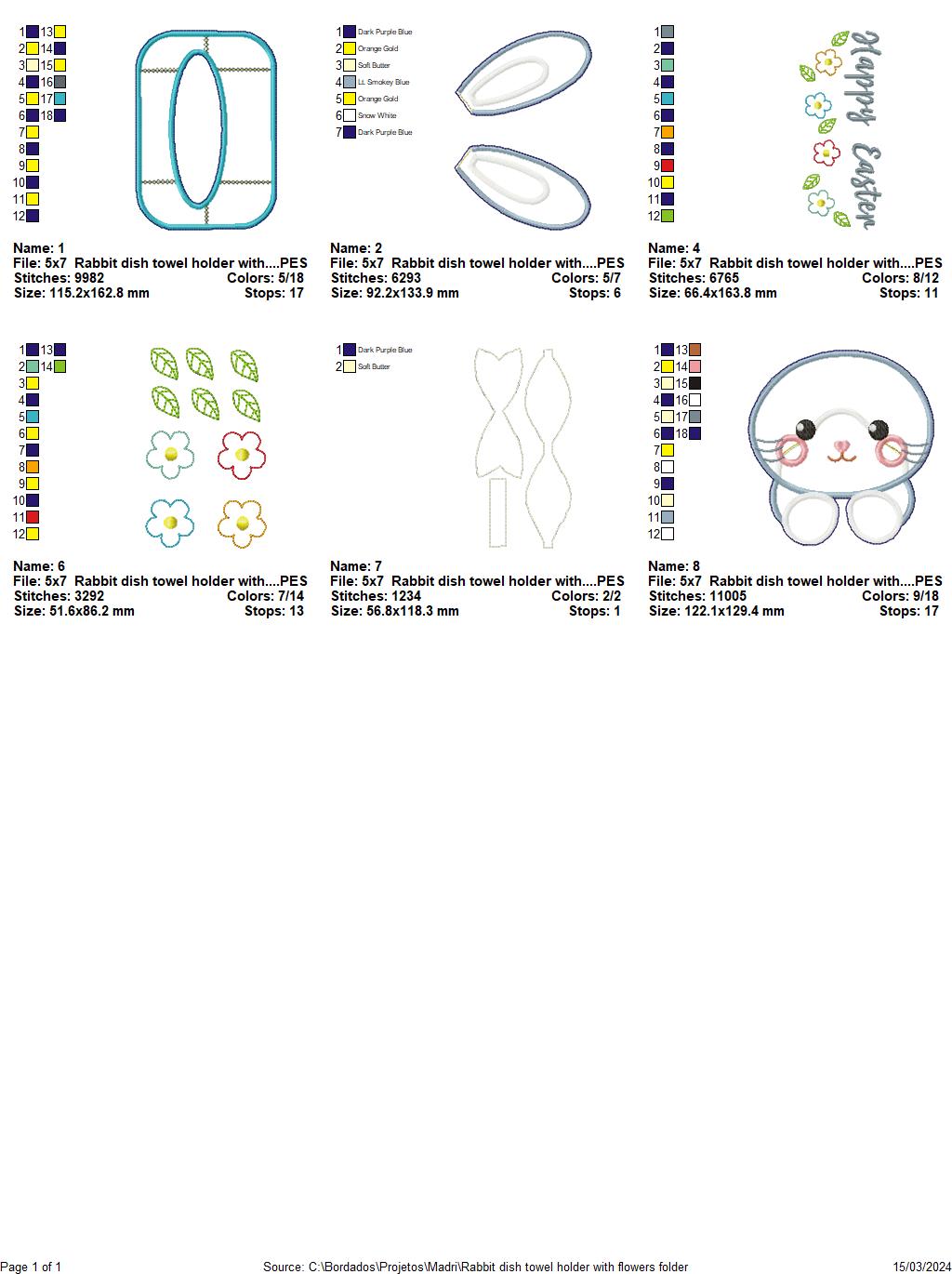 Rabbit Dish Towel Holder with Flowers - ITH Project - Machine Embroidery Design