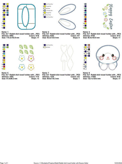 Rabbit Dish Towel Holder with Flowers - ITH Project - Machine Embroidery Design