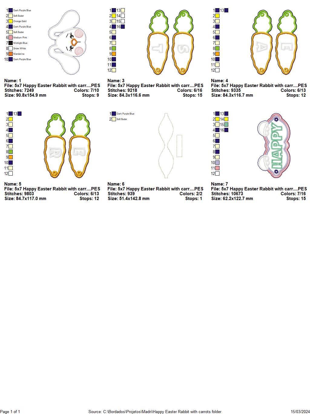 Happy Easter Rabbit with Carrots - ITH Project - Machine Embroidery Design