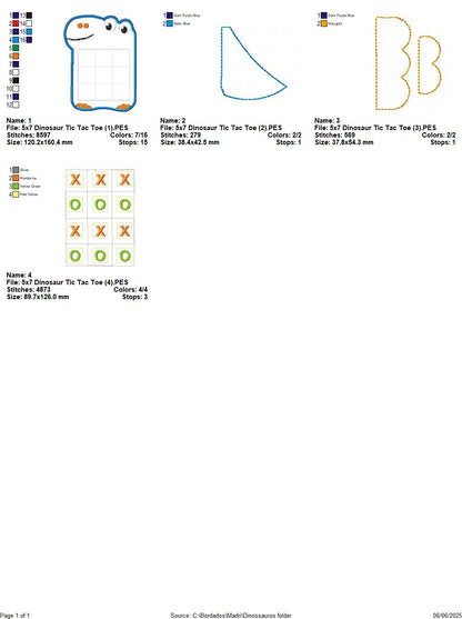 Cute Dinossaur Tic Tac Toe Game  – ITH – Machine Embroidery Design