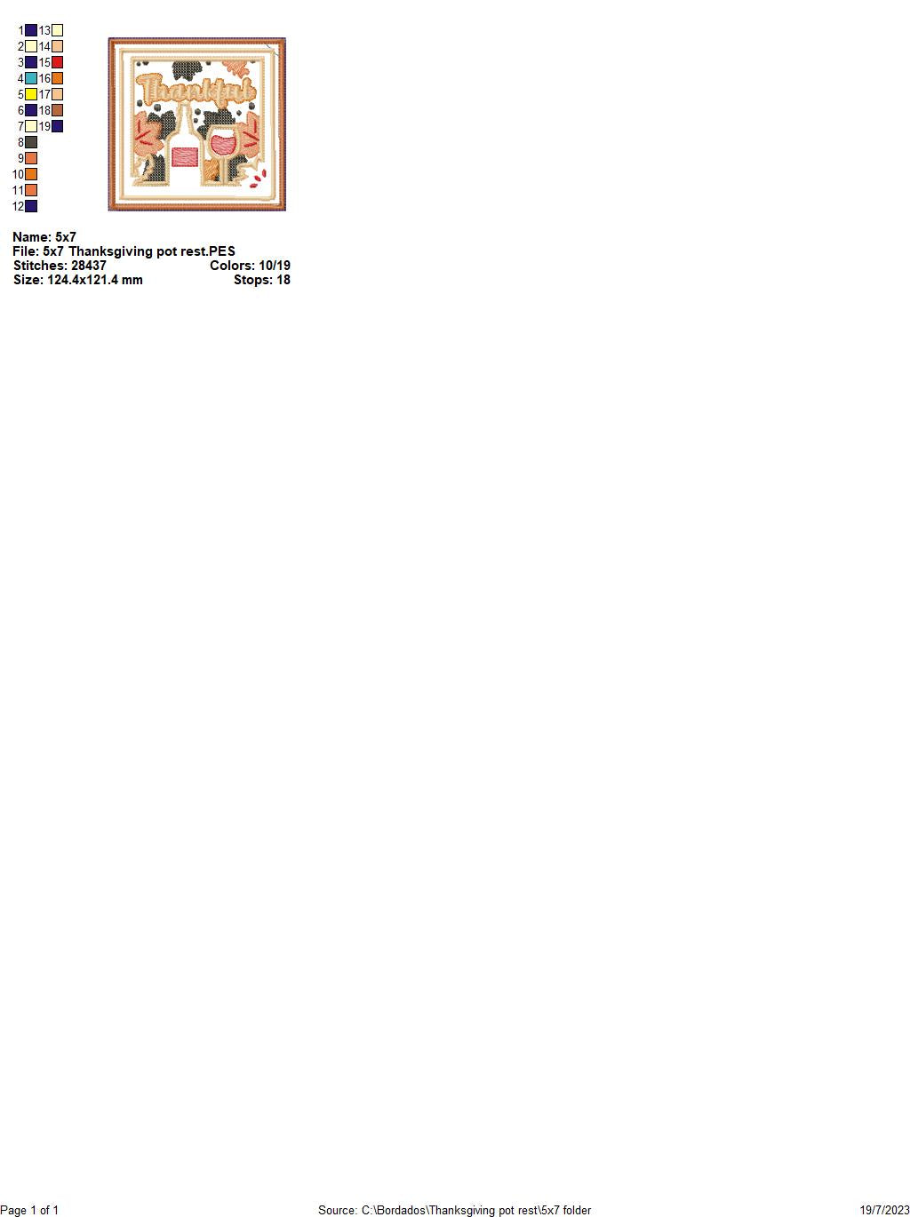 Thanksgiving Hot Pot Rest - ITH Project - Machine Embroidery Design