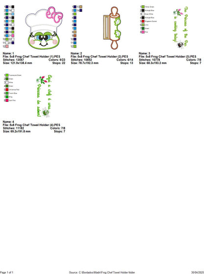Frog Chef Towel Holder  - ITH Project - Machine Embroidery Design