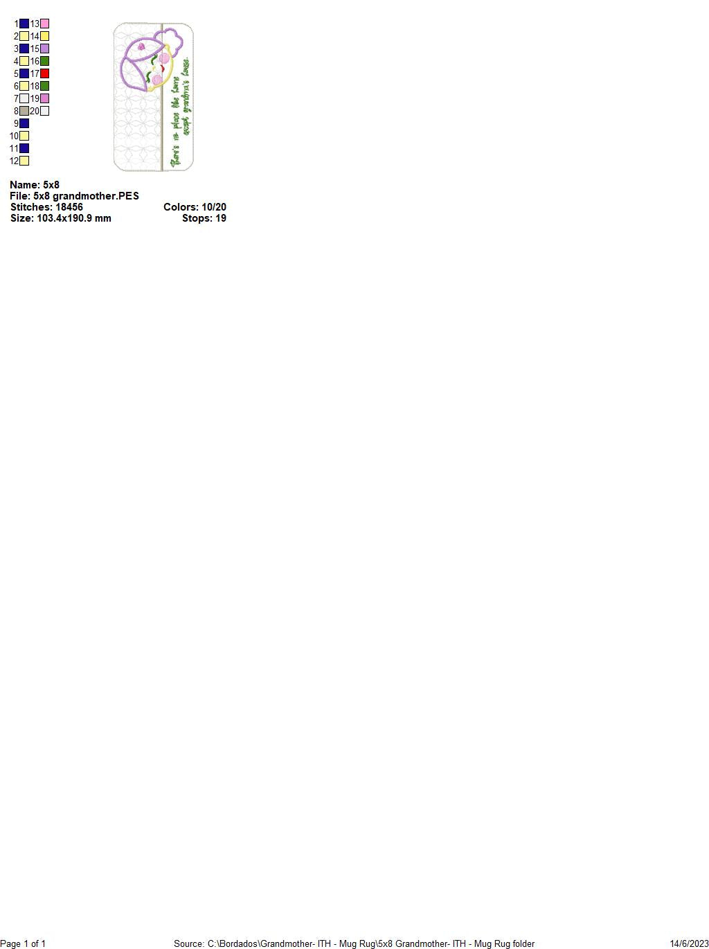 Grandmother Mug Rug - ITH Project - Machine Embroidery Design