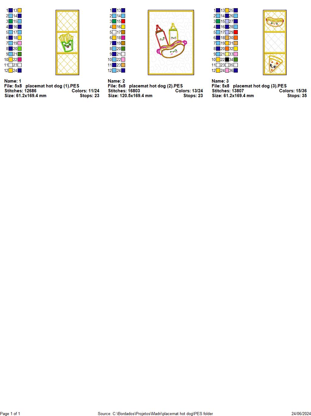 Placemat hot dog - ITH Project - Machine Embroidery Design