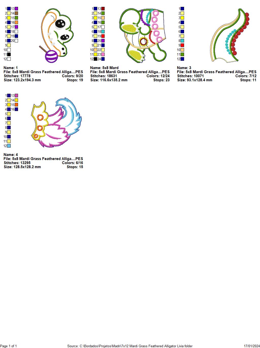 Mardi Grass Feathered Alligator - ITH Project - Machine Embroidery Design