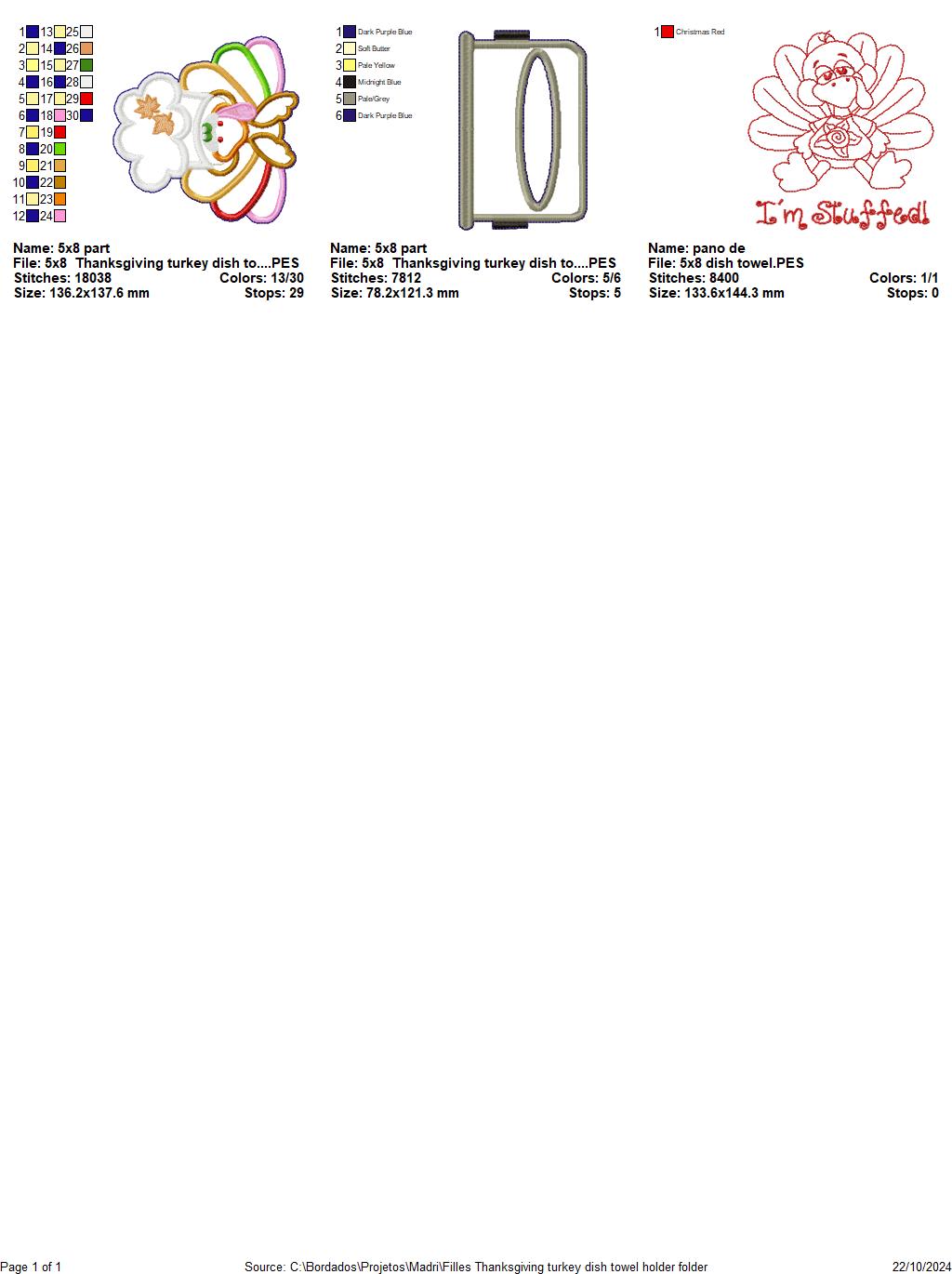 Turkey Thanksgiving Dish Cloth Holder - ITH Project - Machine Embroidery Design