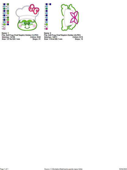 Frog Chef Napkin Holder- ITH Project - Machine Embroidery Design