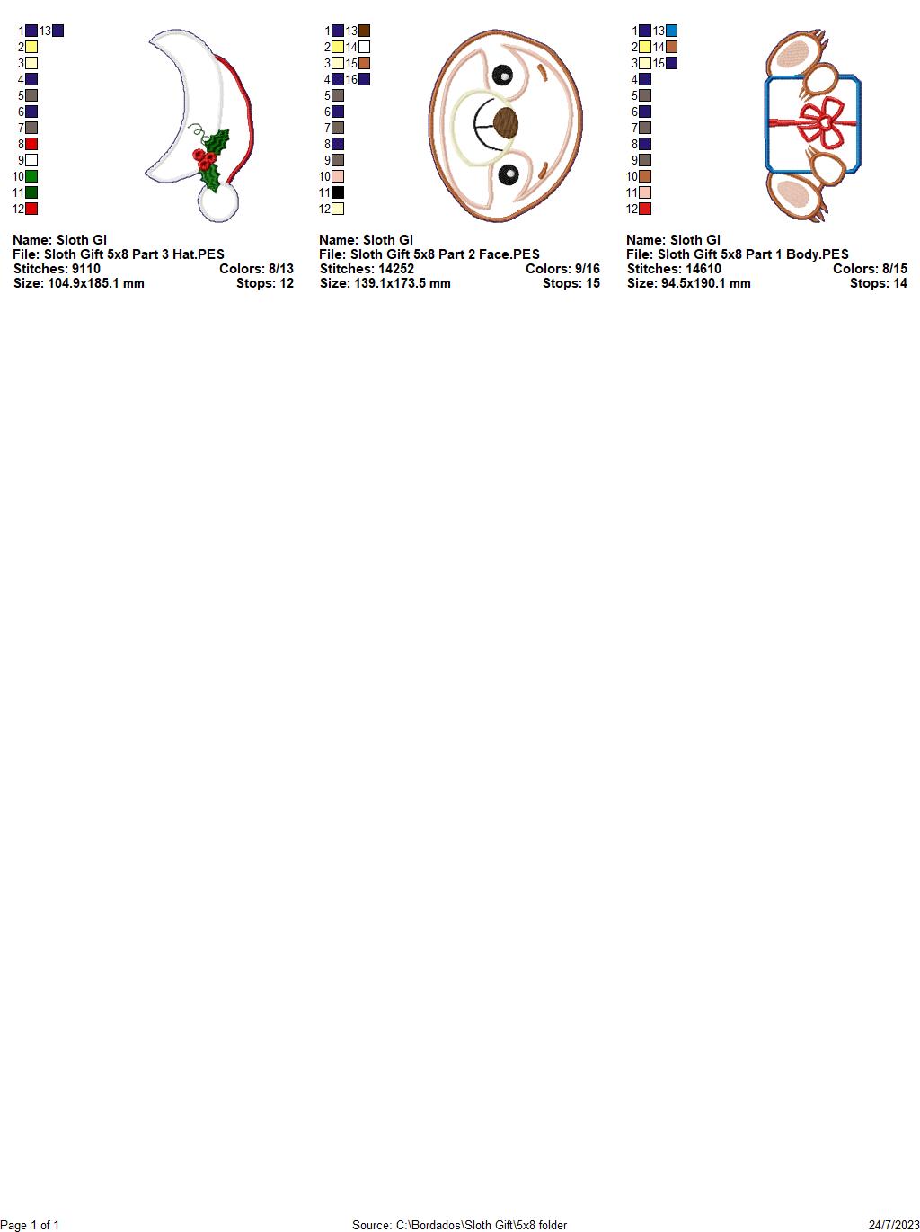 Christmas Sloth Holding a Gift - ITH Project - Machine Embroidery Design