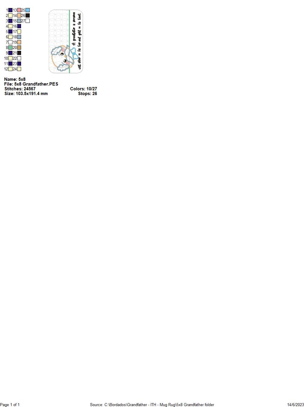 Grandfather Mug Rug - ITH Project - Machine Embroidery Design