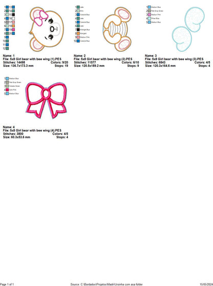 Girl Bear with Bee Wing - ITH Project - Machine Embroidery Design