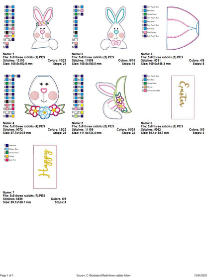 Happy Easter Three Rabbits - ITH Project - Machine Embroidery Design