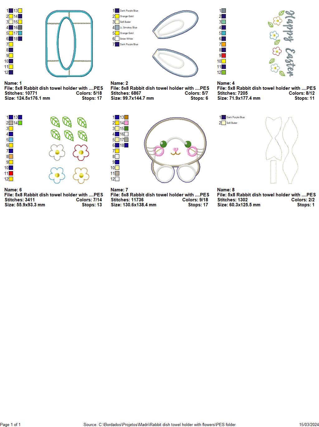 Rabbit Dish Towel Holder with Flowers - ITH Project - Machine Embroidery Design