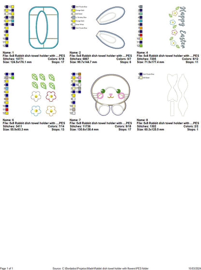 Rabbit Dish Towel Holder with Flowers - ITH Project - Machine Embroidery Design