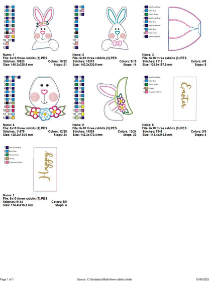 Happy Easter Three Rabbits - ITH Project - Machine Embroidery Design