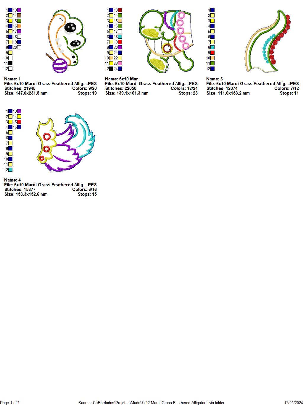 Mardi Grass Feathered Alligator - ITH Project - Machine Embroidery Design