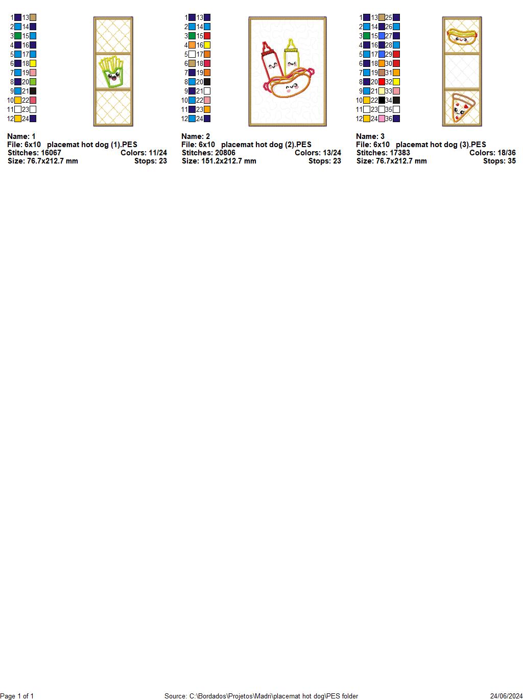 Placemat hot dog - ITH Project - Machine Embroidery Design