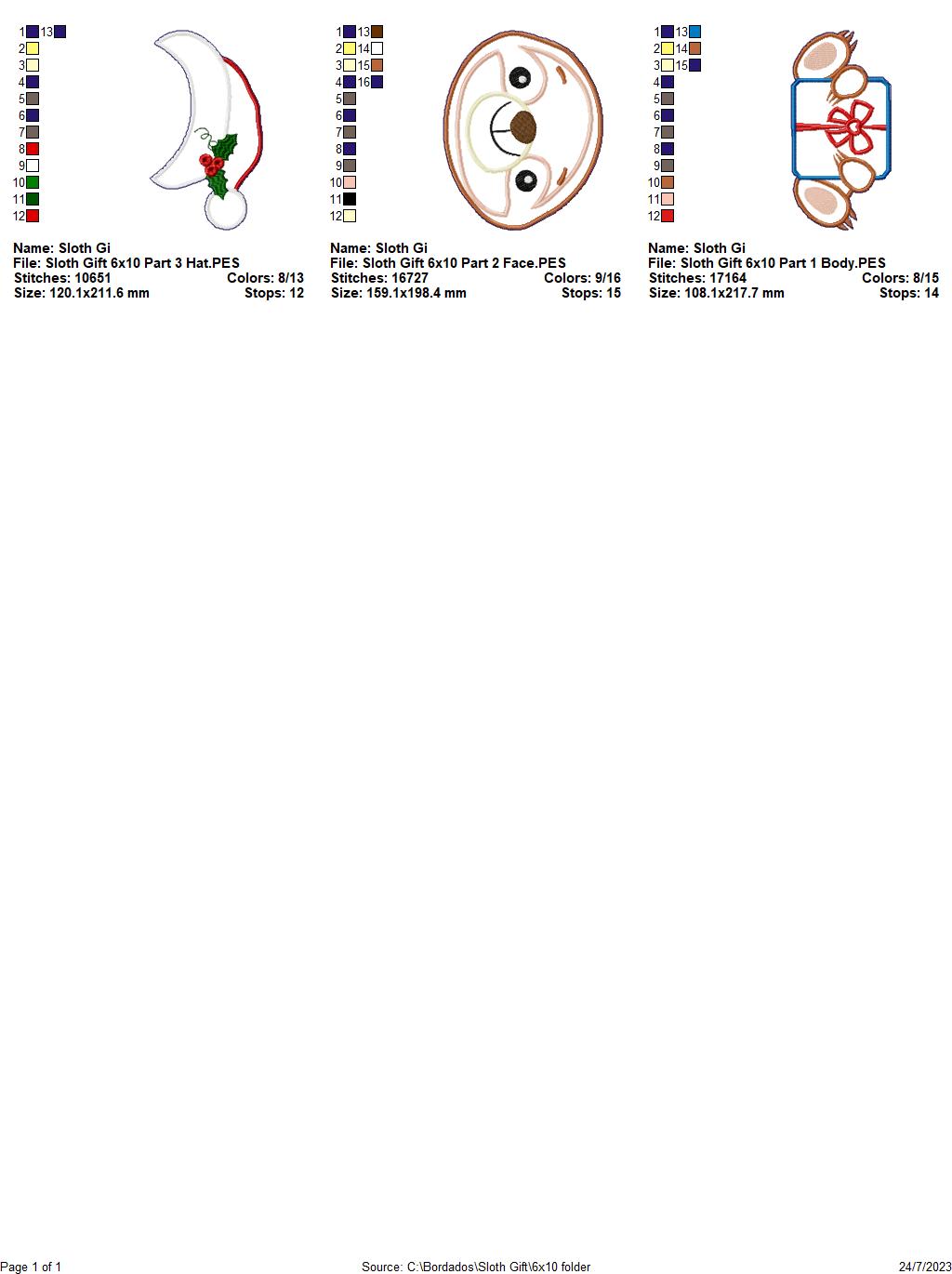 Christmas Sloth Holding a Gift - ITH Project - Machine Embroidery Design