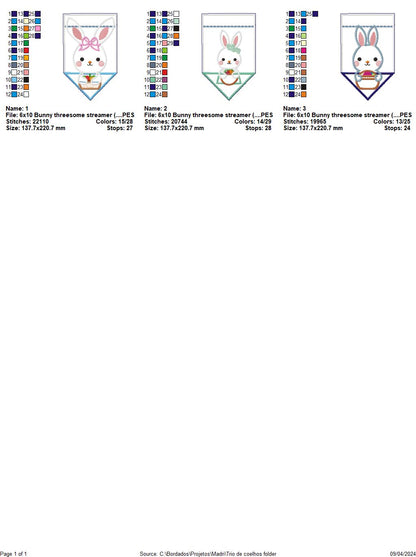 Bunny threesome streamer - ITH Project - Machine Embroidery Design