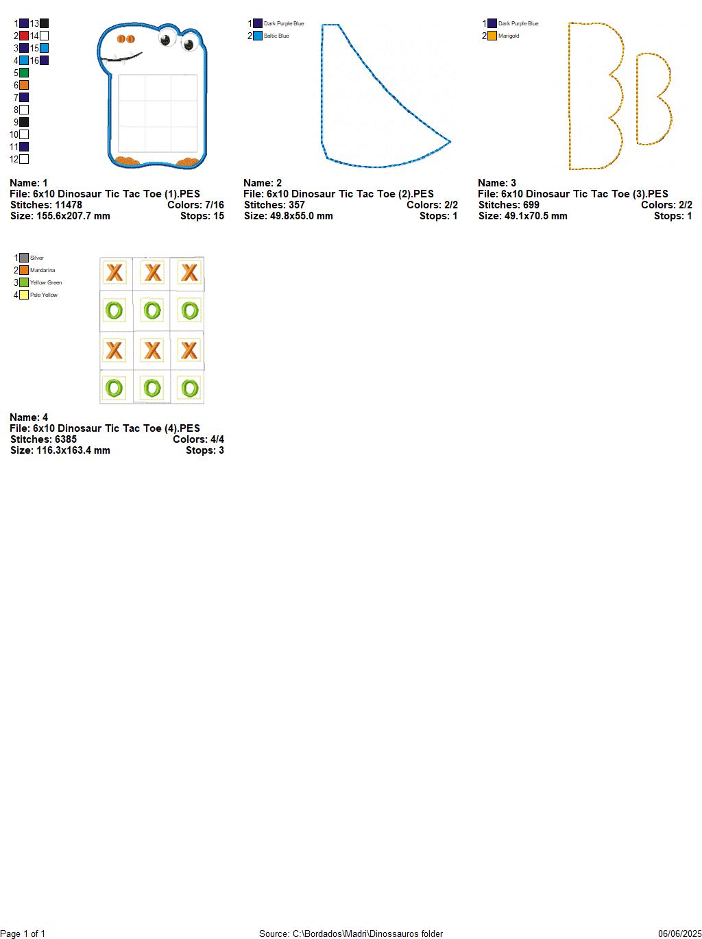 Cute Dinossaur Tic Tac Toe Game  – ITH – Machine Embroidery Design