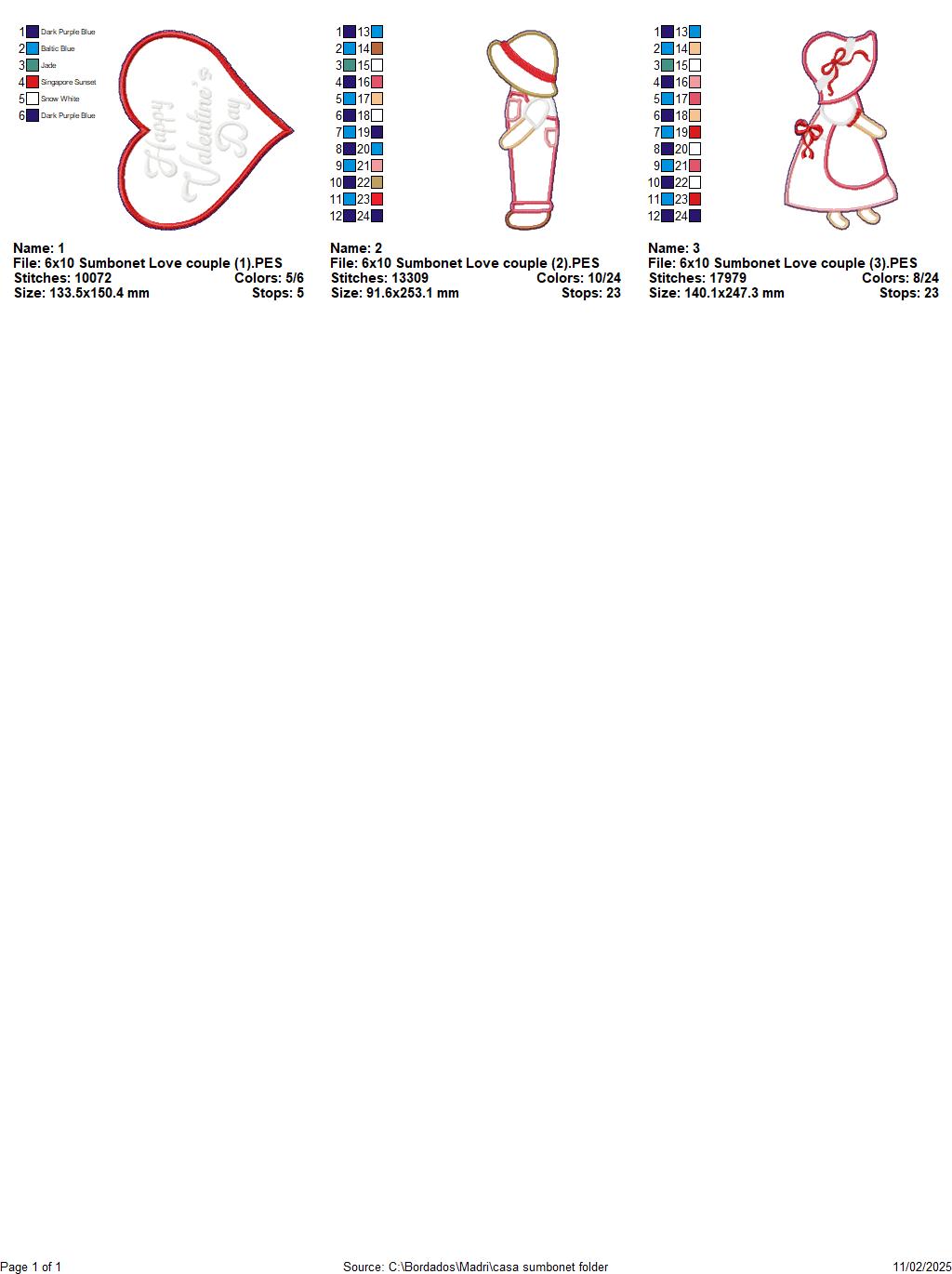 Valentine Sunbonnet Couple - ITH Project - Machine Embroidery Design