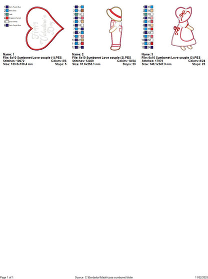 Valentine Sunbonnet Couple - ITH Project - Machine Embroidery Design