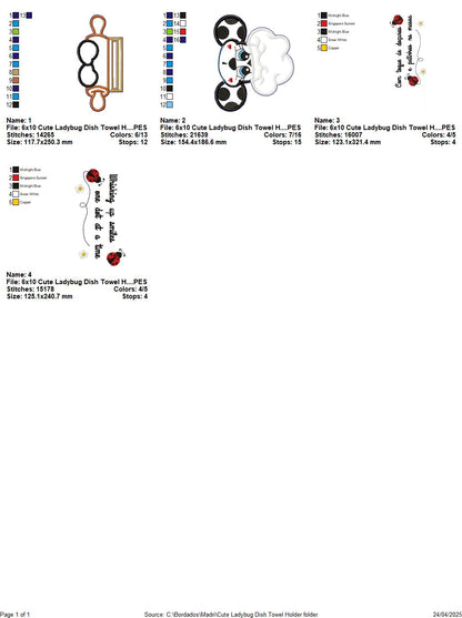 Ladybug Chef  Dish Towel Holder  - ITH Project - Machine Embroidery Design