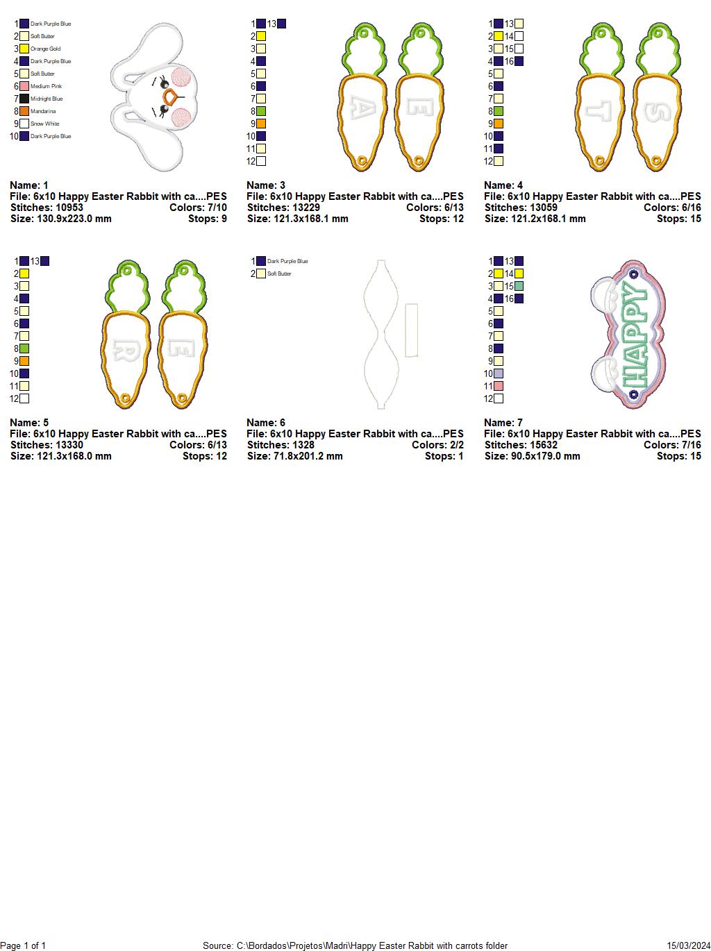 Happy Easter Rabbit with Carrots - ITH Project - Machine Embroidery Design