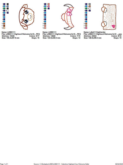 Valentine Highland Cow Welcome Sign - ITH Project - Machine Embroidery Design