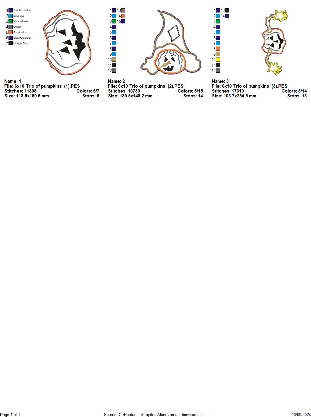 Trio of Pumpkins  - ITH Project - Machine Embroidery Design